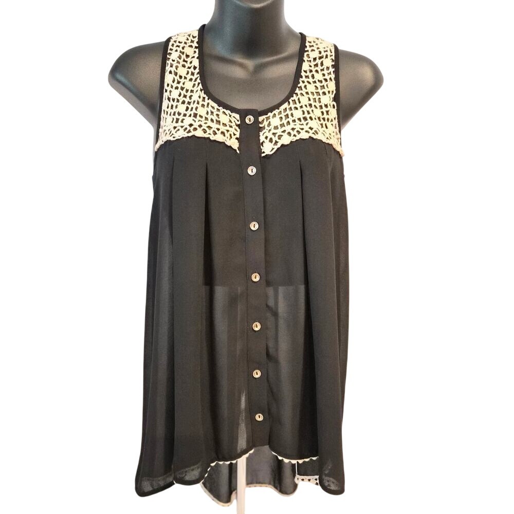 Monteau Black Crochet Lace Yoke Sleeveless Blouse Pom Pom Trim High Low Top S